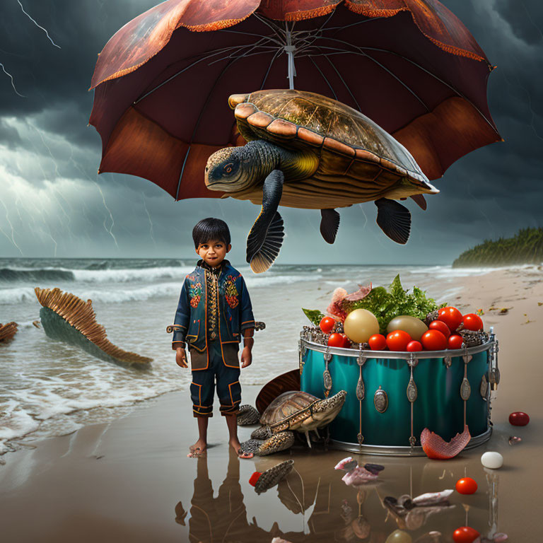 Child with umbrella on stormy beach, floating turtle, drum of vegetables, turtles around.