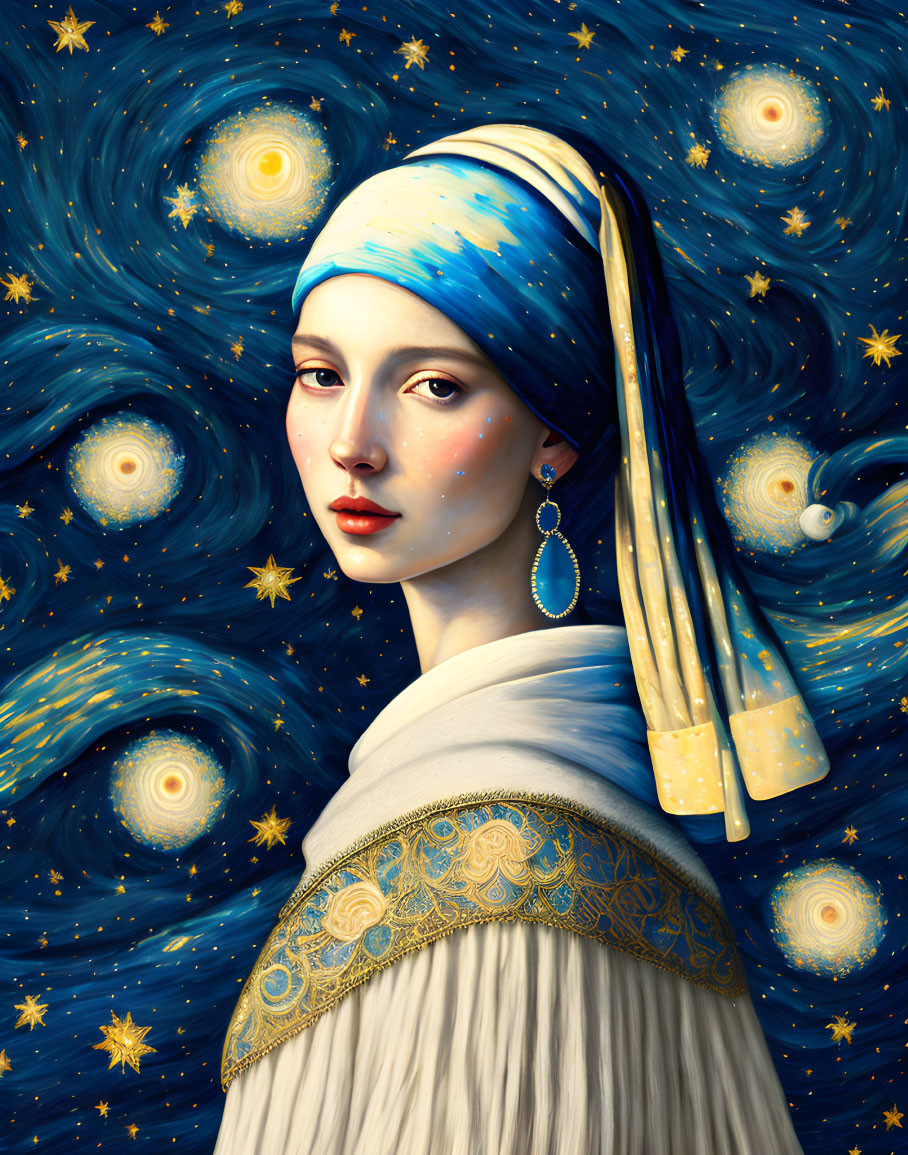 Woman wearing headscarf inspired by Van Gogh's "Starry Night" swirls and stars