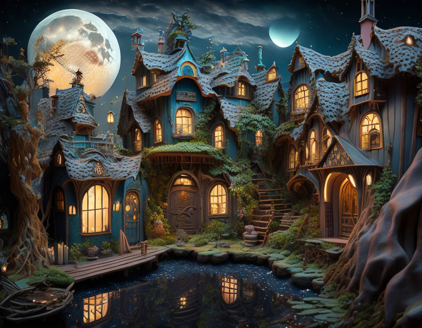 Fantastical multi-story house in nighttime nature setting