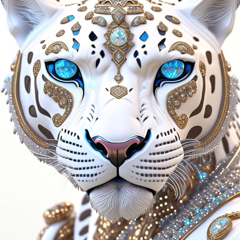 White Tiger Digital Artwork with Blue Eyes and Gold Ornaments