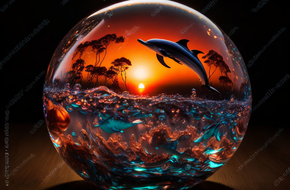 Glass sphere with dolphin leaping over sunset water scene