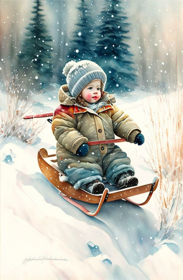 Child in winter clothes on wooden sled in snowy landscape