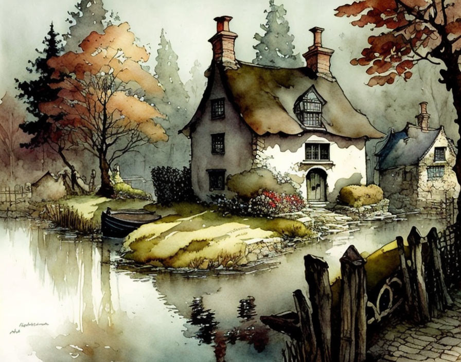 Thatched roof cottage by serene pond in autumn setting