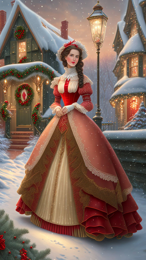 Victorian woman in red dress on snowy path with gaslight and decorated houses