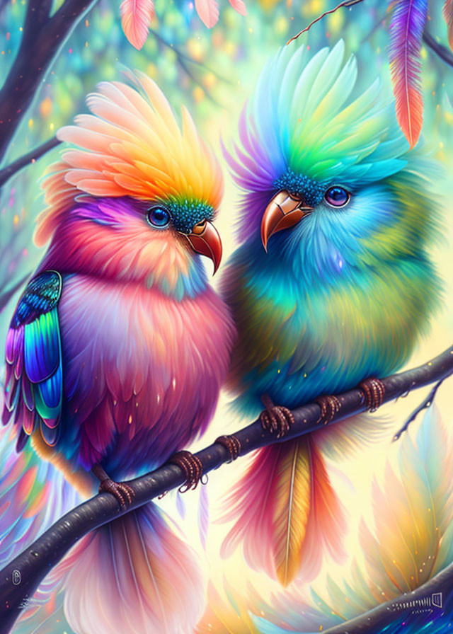 Colorful fantasy birds on branch in enchanted forest.