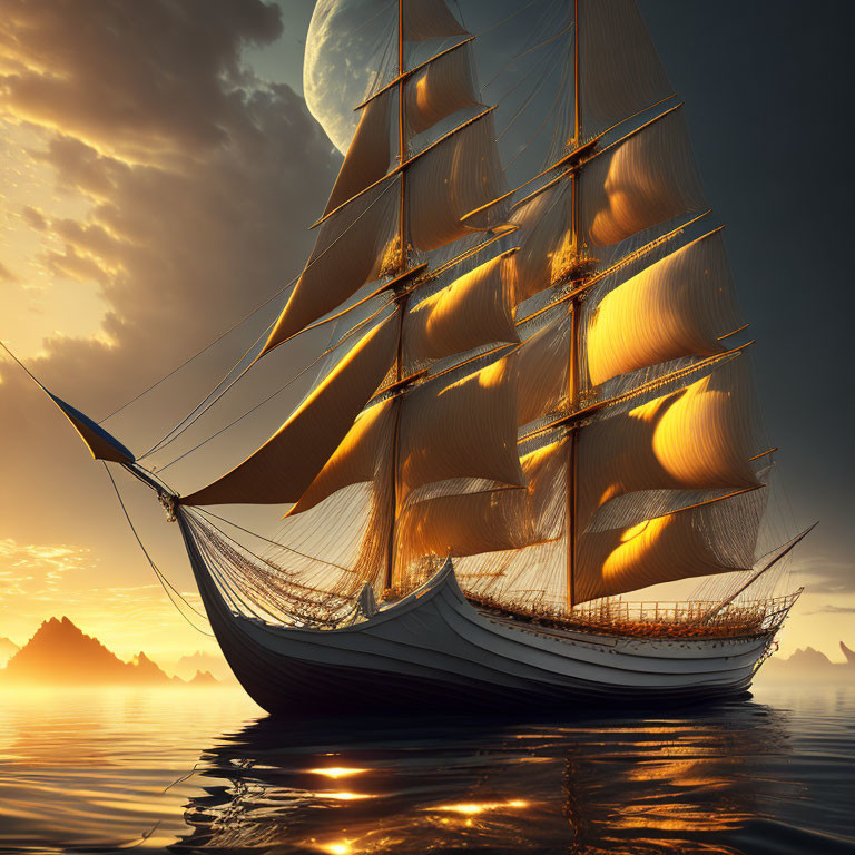 Sailing ship with billowing sails on calm waters at sunset with large planet in sky