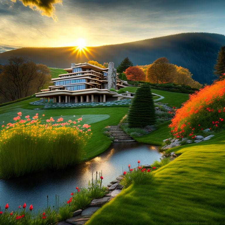 Modern multi-level building surrounded by lush landscaping, vibrant flowers, serene pond, and forested mountains.