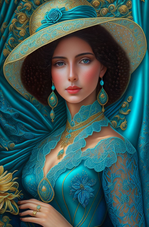 Digital Art: Woman in Blue Attire with Gold Patterns, Wide-Brimmed Hat, and Floral