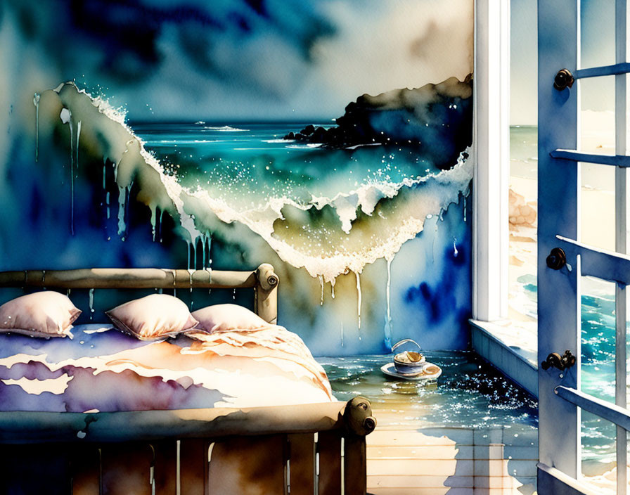 Surreal watercolor painting merges bedroom and seaside landscape