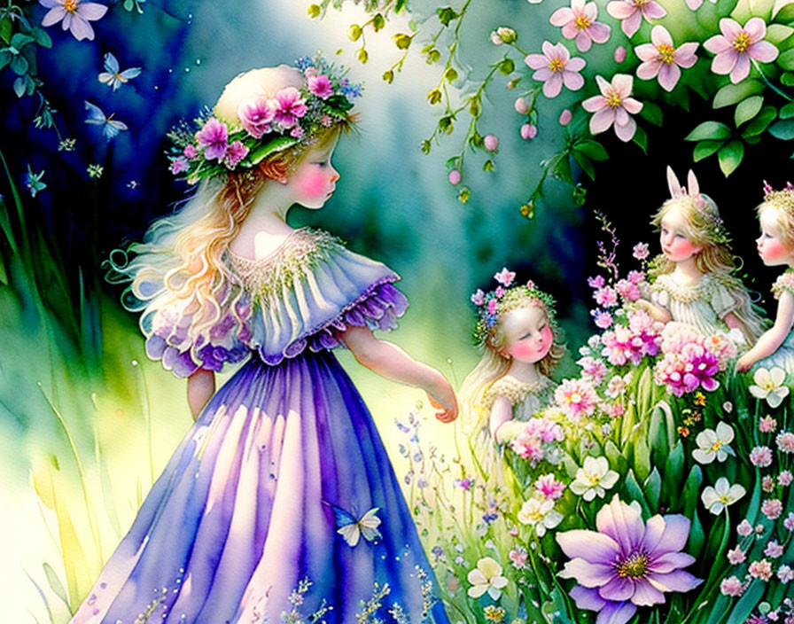 Illustration of girl in purple dress with floral crown conversing with fairies in colorful flower garden.