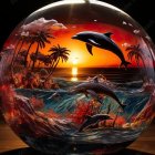 Glass sphere with dolphin leaping over sunset water scene