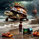 Child watching giant turtle with lighthouse, drums, boat, and fruits on beach