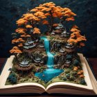 Detailed 3D diorama of fantasy landscape with waterfalls, autumnal trees, traditional buildings,