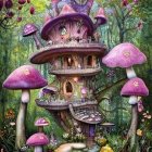 Fantasy Treehouse with Mushroom Structures in Vibrant Forest