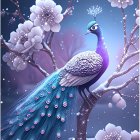 Colorful peacock on snowy branch with pink flowers