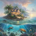 Tropical House on Small Island at Sunset with Underwater Scene