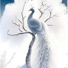 Majestic peacock with ornate tail on snowy branch under blue sky