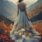 Woman in elaborate dress blending with autumn mountain landscape.