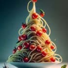 Festive Christmas tree pasta tower with cherry tomatoes and basil leaves