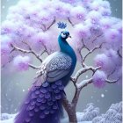 Colorful peacock with iridescent tail feathers in snowy landscape.