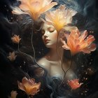 Serene woman in cosmic swirl with pale flowers