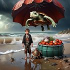 Child with umbrella on stormy beach, floating turtle, drum of vegetables, turtles around.