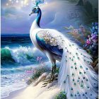 Colorful peacock illustration on beach with spread tail and waves - nature theme