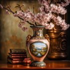 Floral-patterned vase with books and blooming tree in classical setting