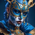 Woman in Luxurious Blue and Gold Mask with Ornate Designs