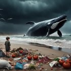 Child observing whale leaping on littered beach