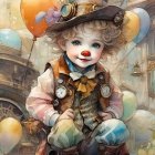 Colorful balloons and whimsical character with top hat in soft-focus background