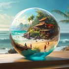 Tropical beach scene with huts and palm trees in a clear bubble on wooden surface