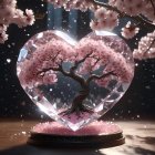 Crystal heart with blossoming tree and pink flowers on ornate pedestal under starry sky