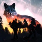 Fox with forest landscape and sunset sky on body in misty environment.