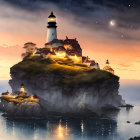 Scenic lighthouse on cliff at dusk with warm glow and crescent moon