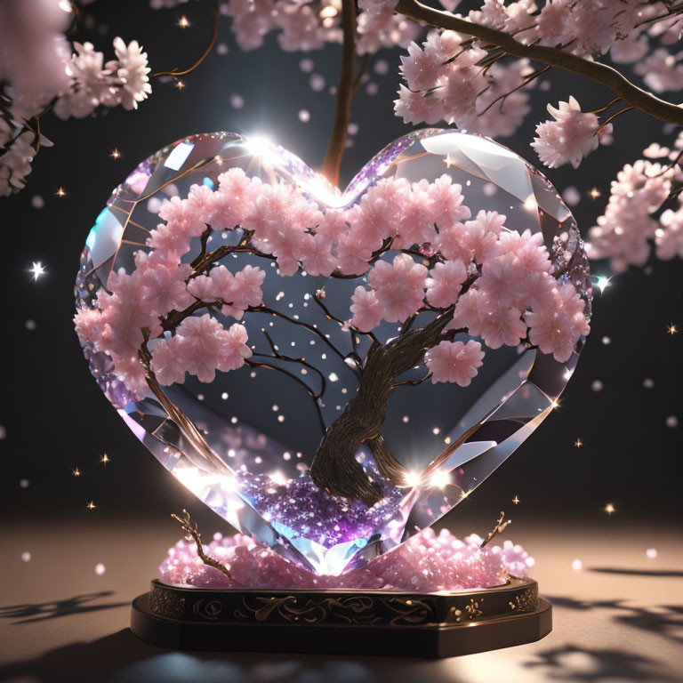 Crystal heart with blossoming tree and pink flowers on ornate pedestal under starry sky