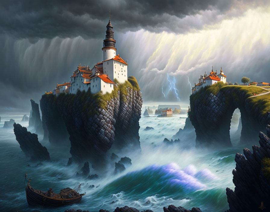 Stormy seascape with lighthouse on rugged cliffs and lightning.