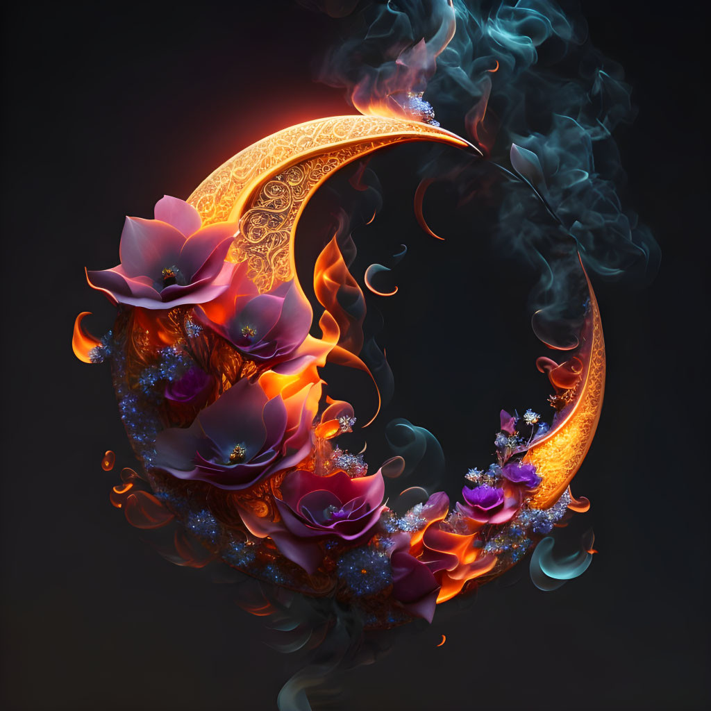 Vibrant purple and pink flowers on fiery crescent moon artwork