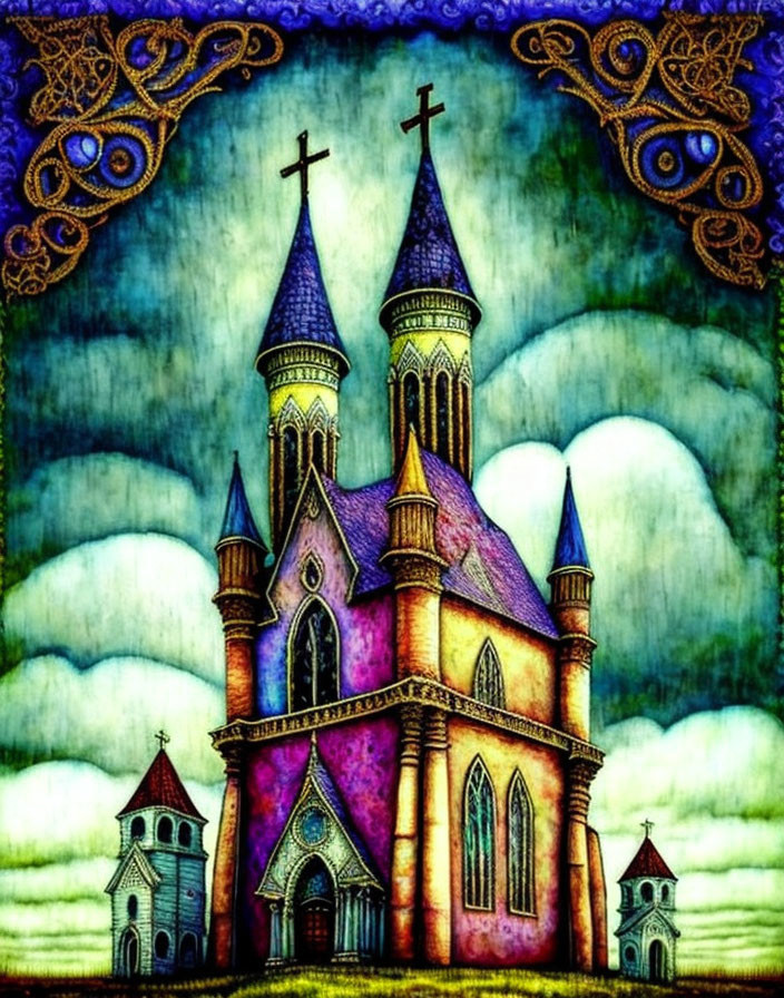 Gothic church illustration with twin spires and ornate sky patterns