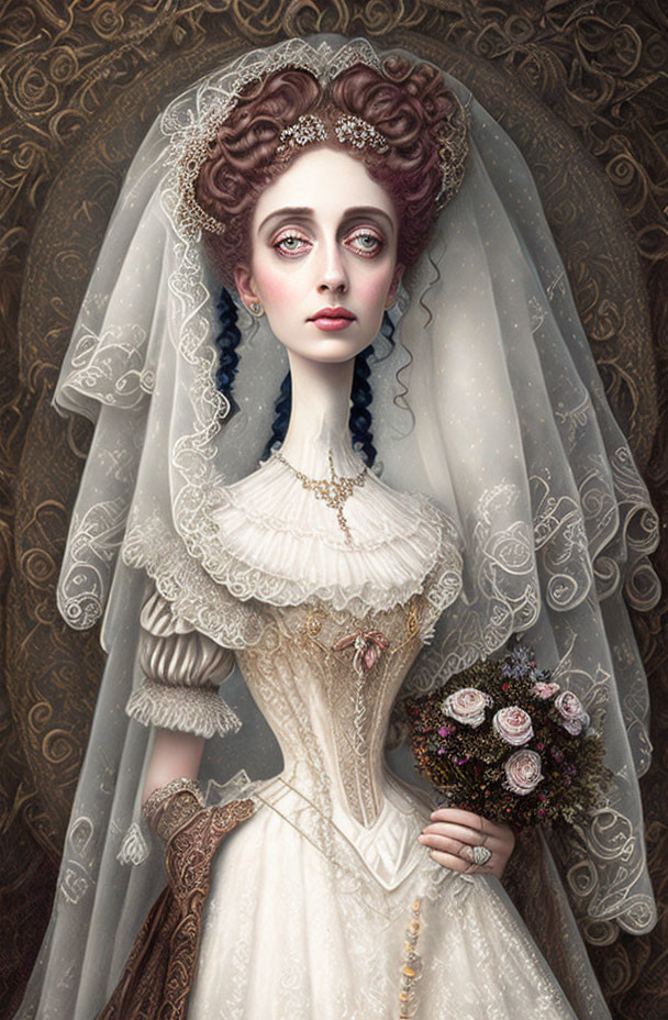 Victorian bride in ornate gown and veil with bouquet