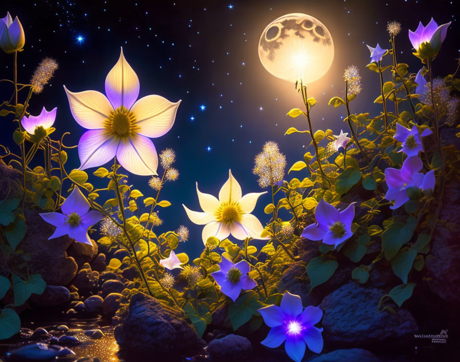 Night Sky Scene: White Flowers, Full Moon, Stars, Rocks & Blooms