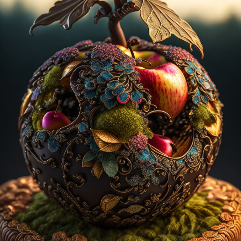 Intricate Metalwork Sphere with Apple Motifs in Greenery