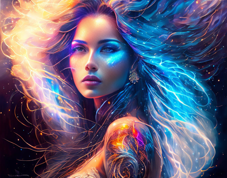 Vibrant digital artwork: Woman with cosmic hair in starry setting