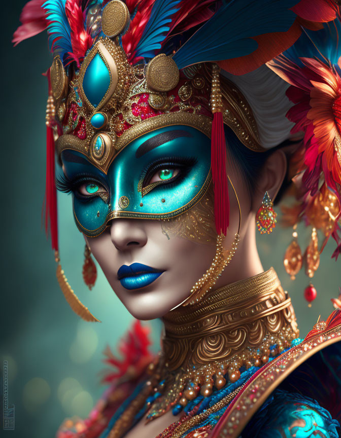 Colorful ornate mask with feathers and jewels on cool-toned background