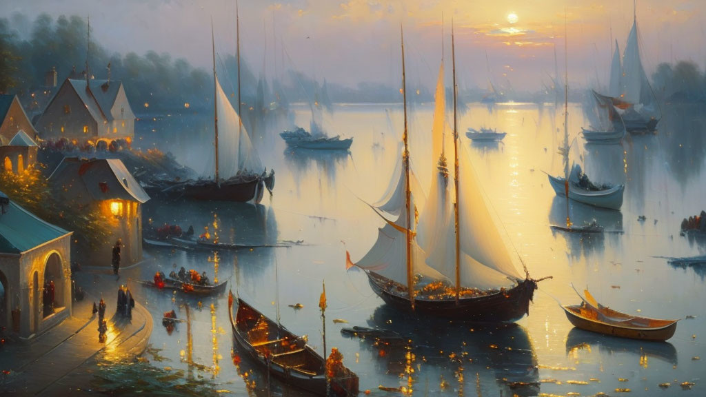 Tranquil harbor at twilight with sailboats and luminous reflections