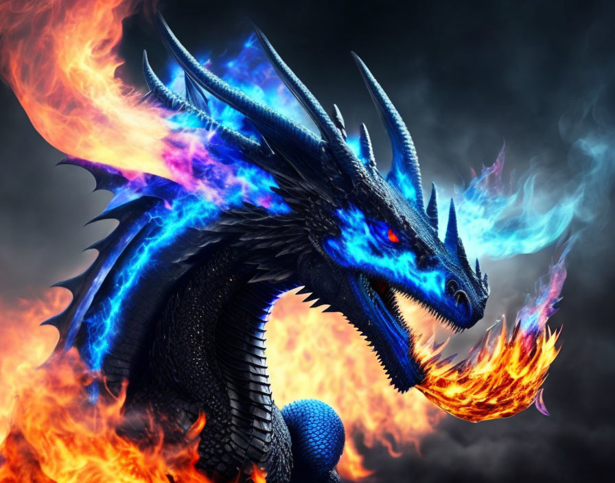 Blue dragon breathing fire against dramatic cloudy backdrop