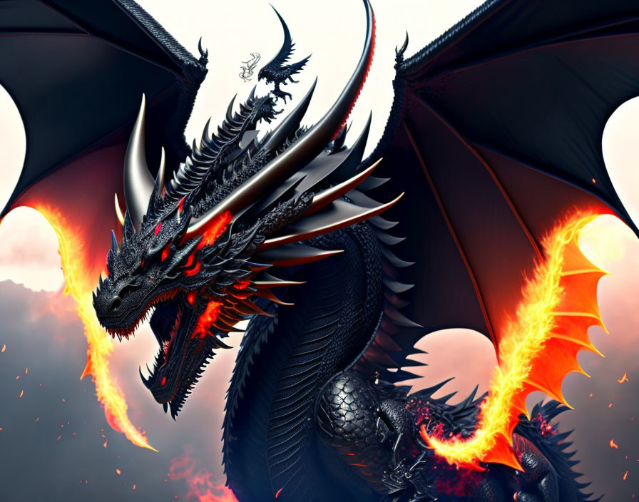 Black and Red Dragon with Massive Wings and Fiery Breath Beside Mounted Knight in Stormy Sky