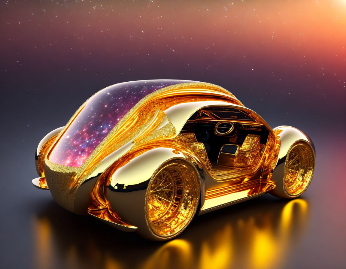 Golden futuristic car with cosmic-themed paint job and starry sky design.