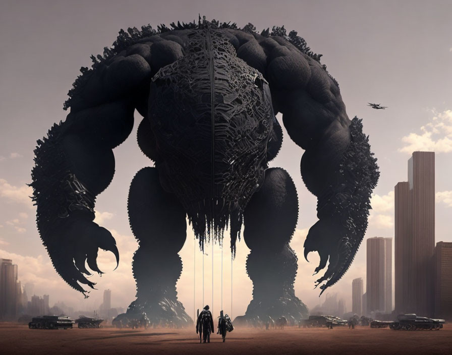 Giant textured creature towers over city with approaching figures