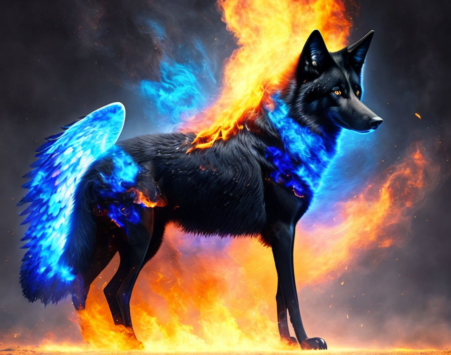 Black wolf with blue-flamed wings in fiery scene with nebula background